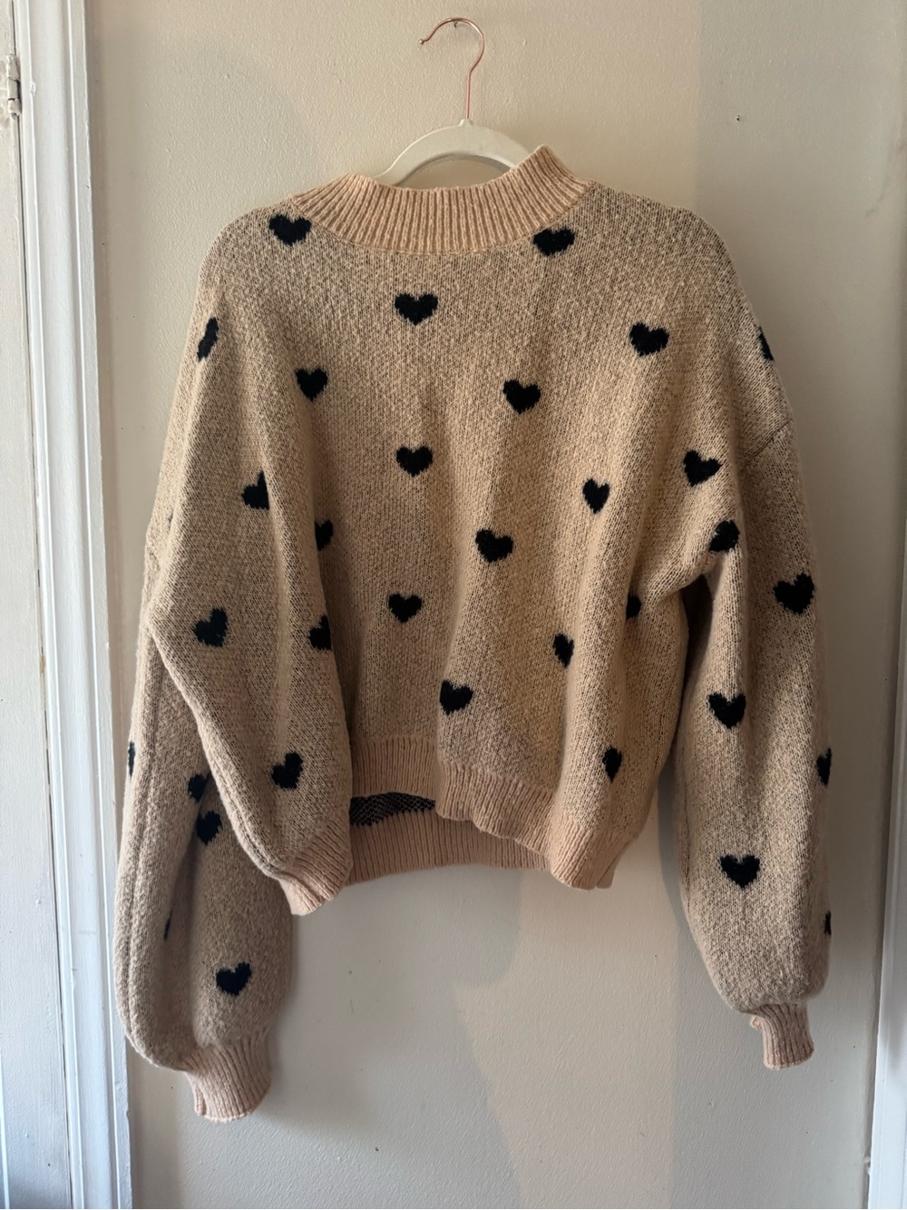 SHEIN Beige Crewneck Sweater with Black Heart Print